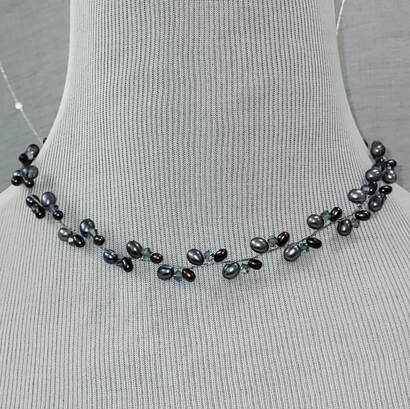 Source Unknown Jewelry - Blue Freshwater‎ Pearl Wire Adjustable Necklace With Blue Iridescent Crystals